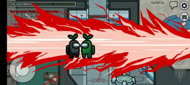 two among us characters are being killed by a red beam of blood