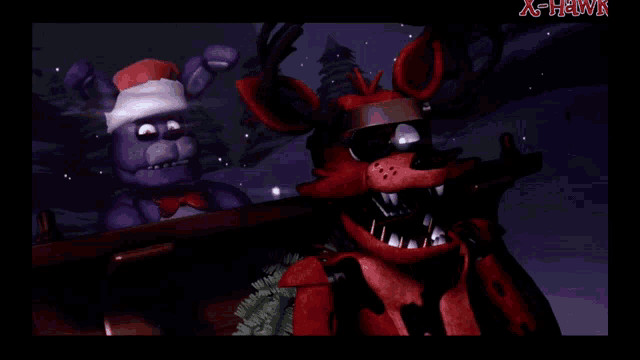 bonnie and foxy from five nights at freddy 's are dressed up for christmas