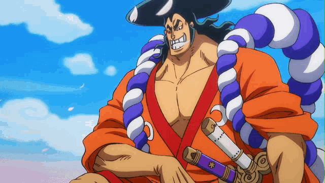 a cartoon of a man holding two swords with a blue sky in the background