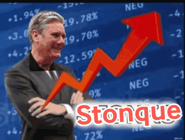 a man with his arms crossed stands in front of a graph that reads stonque