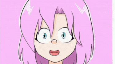 a drawing of a girl with pink hair and blue eyes
