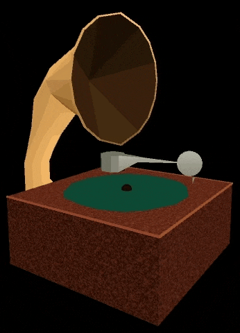 a cartoon drawing of a phonograph with a green record on it