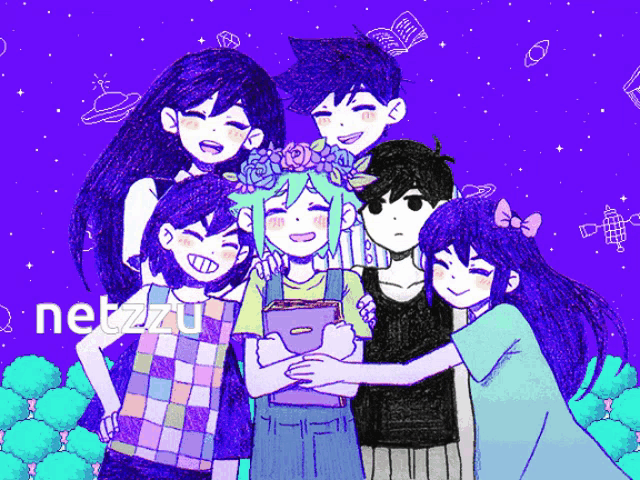 a group of anime characters are posing for a picture with a purple background and the word netzzu at the bottom