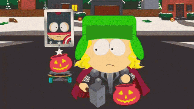 a cartoon character with a green hat is holding a hammer and a pumpkin