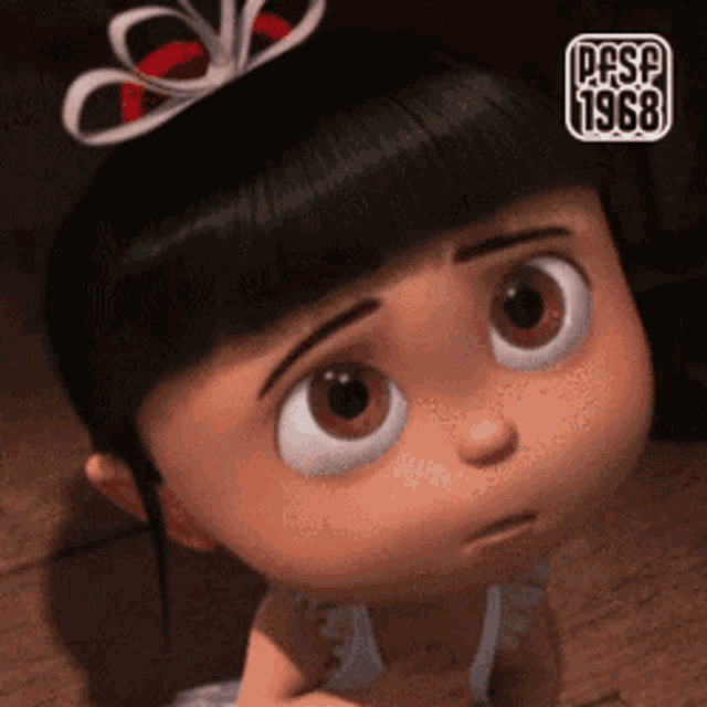 a close up of a cartoon girl with a bow in her hair