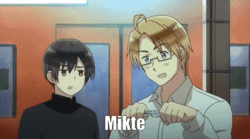 two anime characters standing next to each other with mikte written on the bottom right