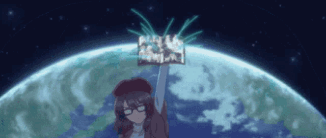 a girl with glasses holds up a book in front of the earth