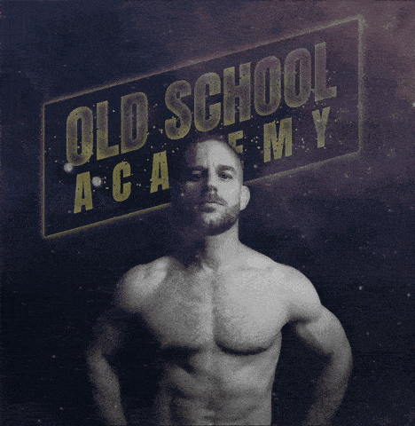 a shirtless man is standing in front of a sign that says old school academy