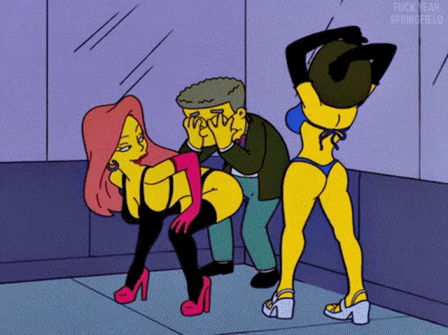 a cartoon of a man and two women with the words fuckyeah springfield at the top