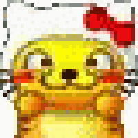 a pixel art drawing of a yellow cat with a red bow .