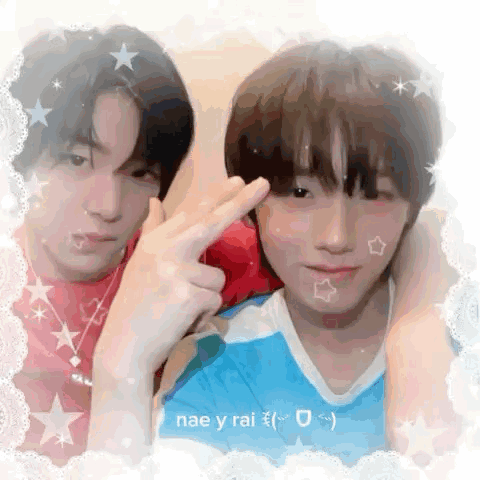 a couple of young men are posing for a picture and making a peace sign .