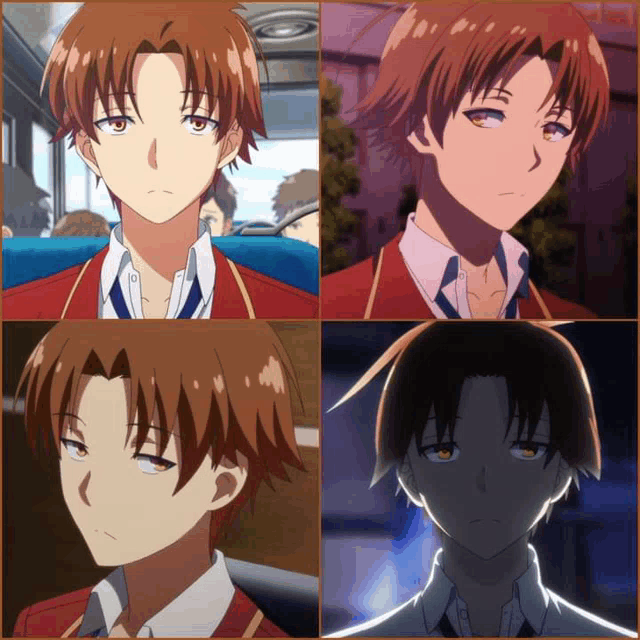 a collage of four different images of a boy with red hair