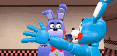 two blue stuffed animals are hugging each other with a checkered floor in the background