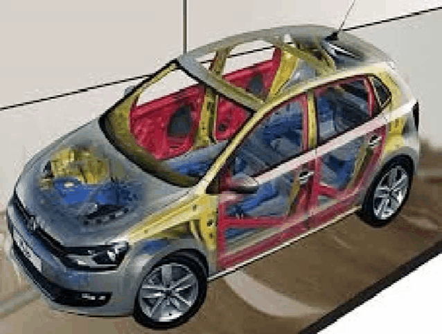 a cutaway model of a volkswagen polo with its doors open .
