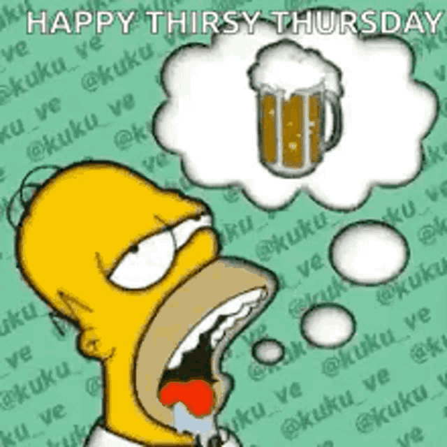 a cartoon of homer simpson thinking about a beer .