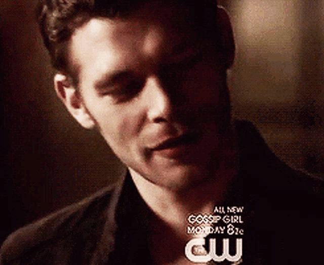 a close up of a man with the words all new gossip girl monday 8
