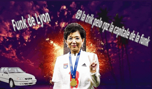 a woman with a medal around her neck and the words funk de lyon on the bottom