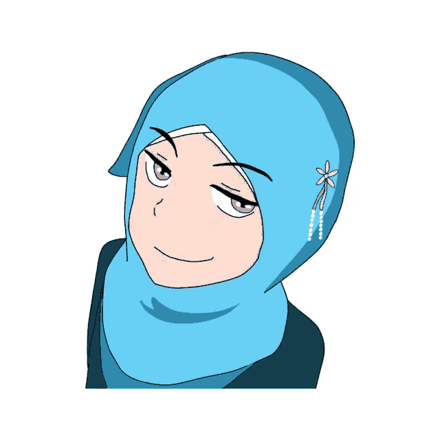a cartoon drawing of a woman wearing a blue hijab with a flower in her hair