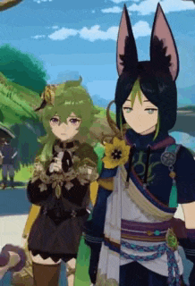 a couple of anime characters standing next to each other .