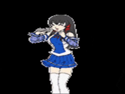 a pixel art of a girl in a blue skirt holding a gun .