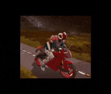 a drawing of a person riding a red motorcycle with the number 8 on the front