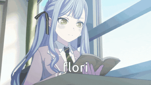 a blue haired anime girl is reading a book with flori written on the bottom
