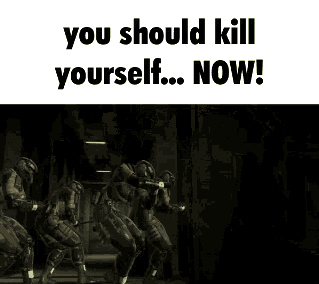 a video game scene with the words " you should kill yourself ... now "