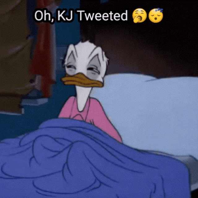 a cartoon of donald duck laying in bed with the words oh kj tweeted above him