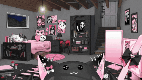a cartoon drawing of a room with a scream poster on the wall