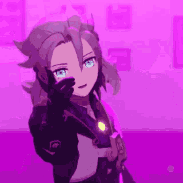 a purple background with a cartoon character with blue eyes covering his mouth