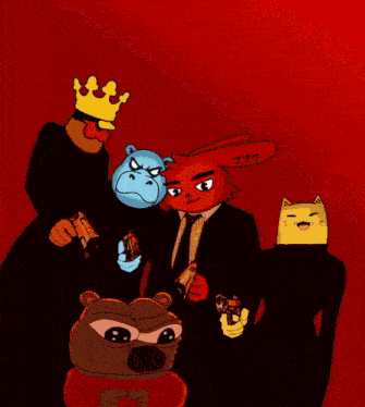 a group of cartoon characters including a hippo and a rabbit with the letters 777 on their faces