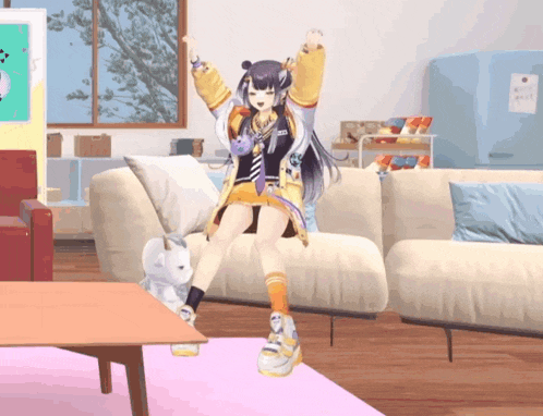 a girl is standing on a couch in a living room with her arms in the air