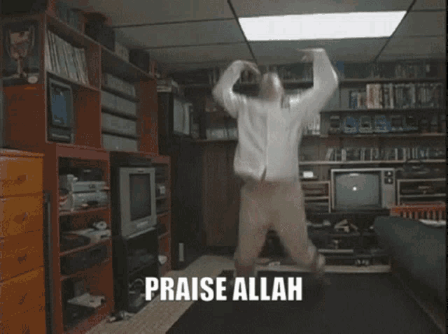 a man is kneeling down with his arms in the air and the words praise allah written below him