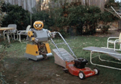 Robot Mowing Yard Garden Time GIF - Robot Mowing Yard Garden Time Cleaning GIFs