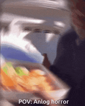 a blurred image of a person holding a plate of food with the caption " pov : analog horror "