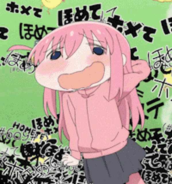 a girl with pink hair and blue eyes is standing in front of a wall with chinese writing