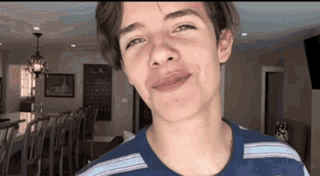 a young man in a blue striped shirt is making a funny face .
