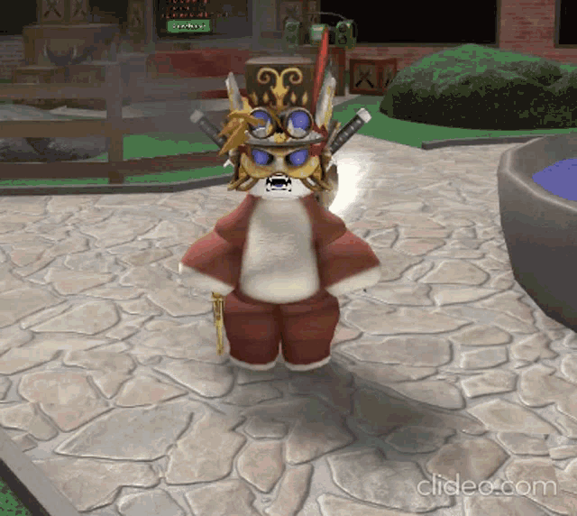 a cartoon character with a sword and a crown is standing on a stone walkway