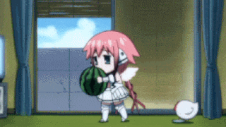 a girl with pink hair is holding a watermelon in her hands