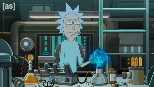 a cartoon of rick from rick and morty sits at a desk