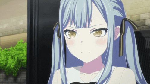 a girl with blue hair and yellow eyes is looking at the camera