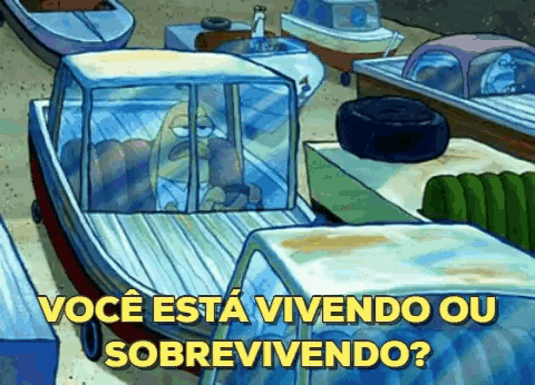 a cartoon of a man in a boat with the words " você está vivendo ou sobrevivendo "