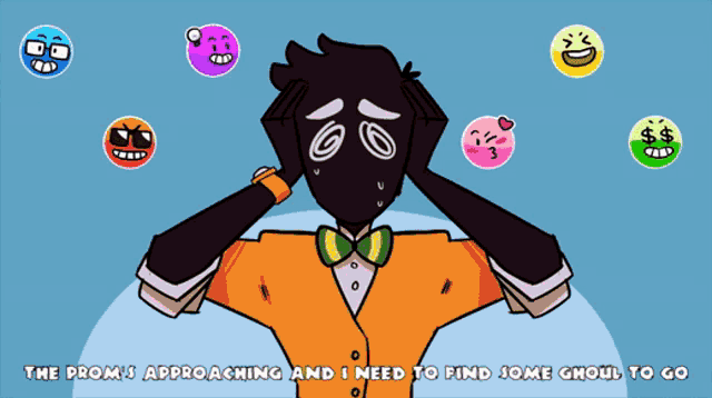 a cartoon of a man covering his ears surrounded by smiley faces with the words the prom 's approaching