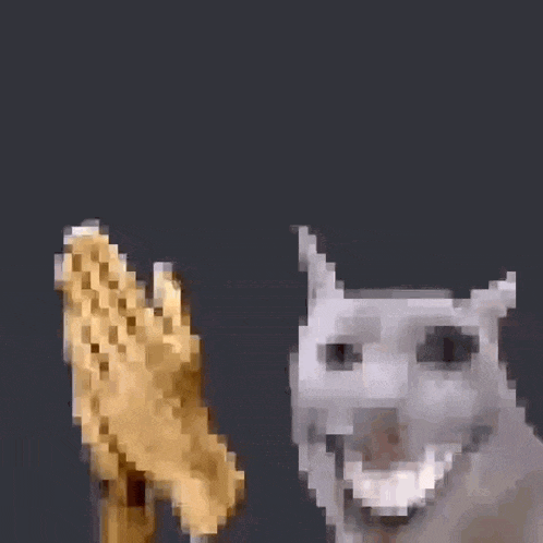 a pixelated image of a cat looking at a chicken wing