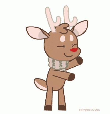 a cartoon reindeer wearing a scarf and antlers is waving .