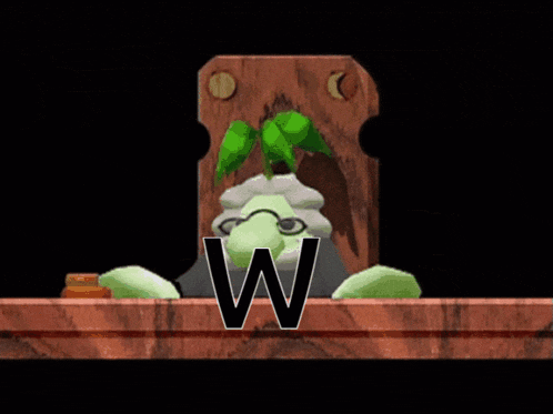a cartoon character sits at a wooden table with the letter w above him