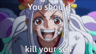 a cartoon of a girl with the words " you should kill your self "