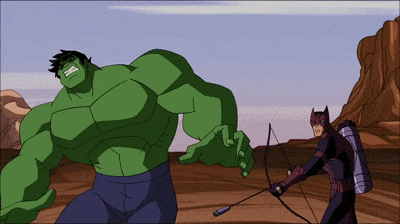 a cartoon of the hulk and the hawkeye fighting