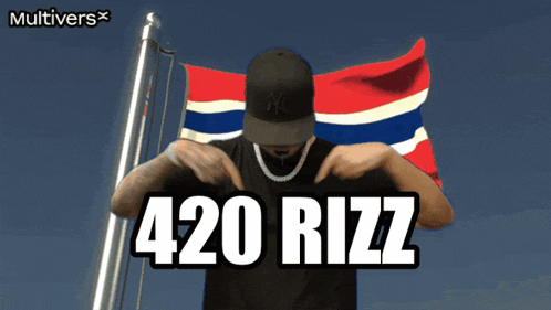 a man standing in front of a flag that says 420 rizz on it