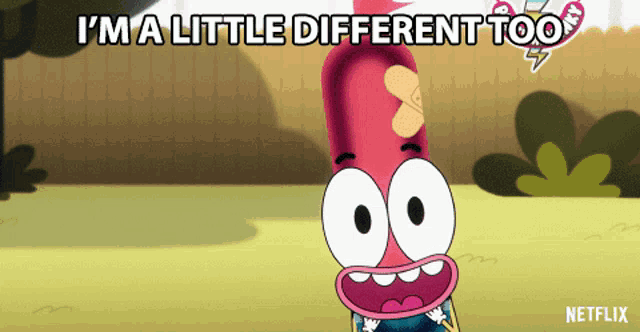 a cartoon character has a bandage on his head and says i 'm a little different too